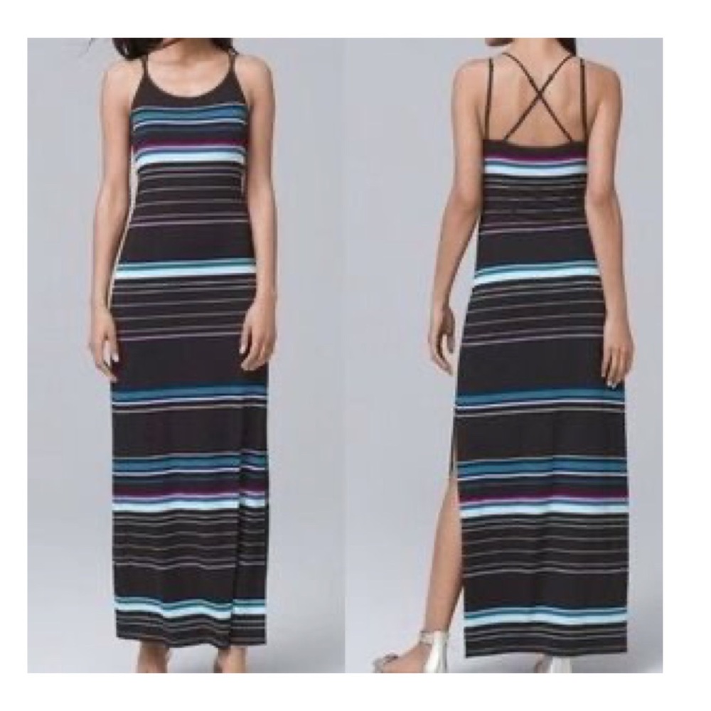 White House Black Market NWT SL Tank Stripe Maxi Dress Black Petrol Blue XXS